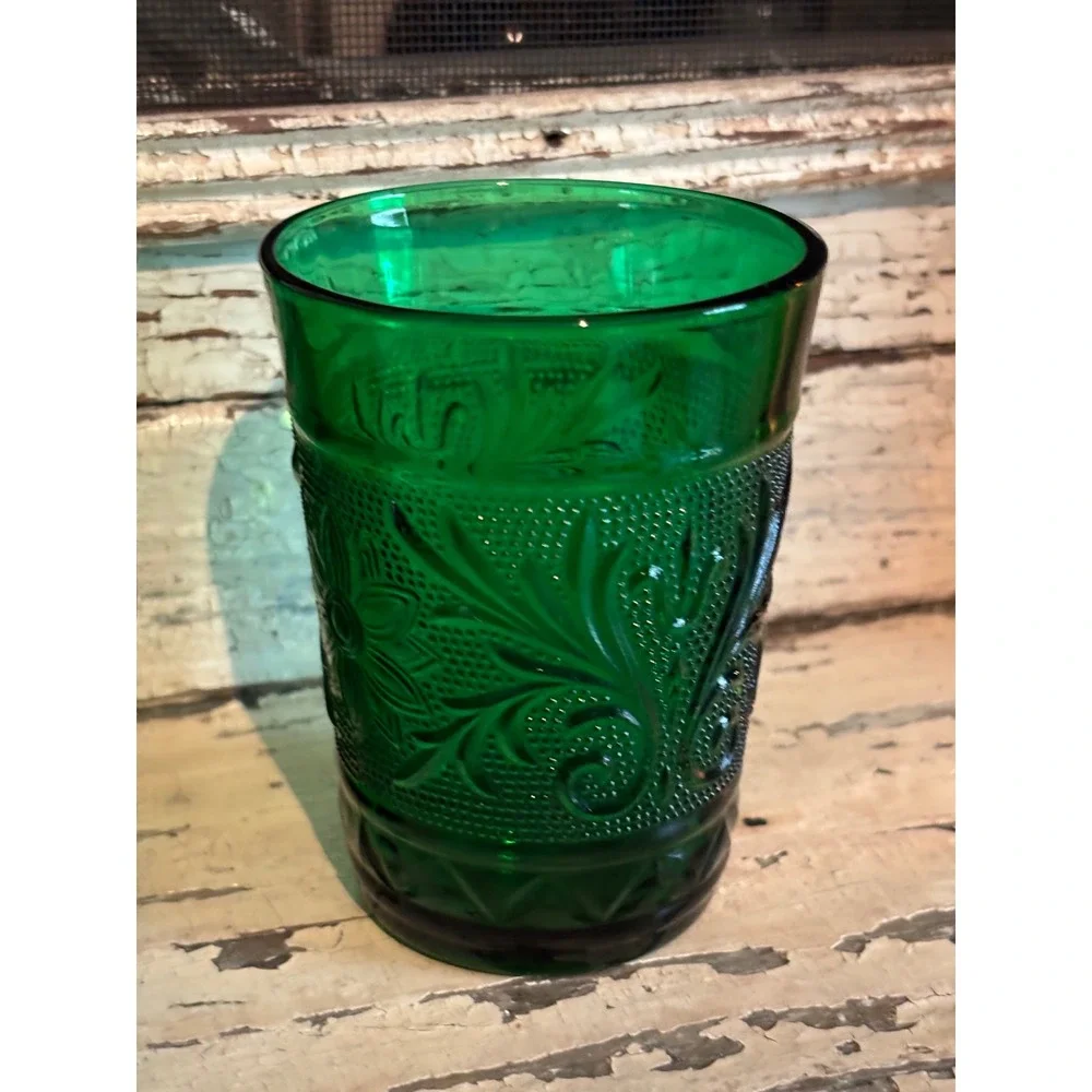 Vintage Emerald Green Indiana Glass Tumblers Floral Juice Glasses Set of 2 4in